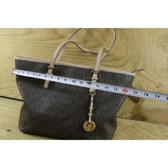 Michael Kors Bag Jet Set Signature Brown Logo Monogram Tote Shoulder Large - Picture 10 of 12